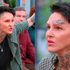 Dominika Chylińska, córka Chylińskiej, z tatuażami na twarzy i szyi, w kratkowanej kurtce, gestykuluje.