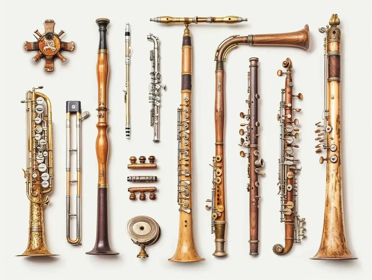 Kolekcja różnych rodzajów instrumentów dętych, od saksofonu po klarnet, prezentuje bogactwo form i materiałów.