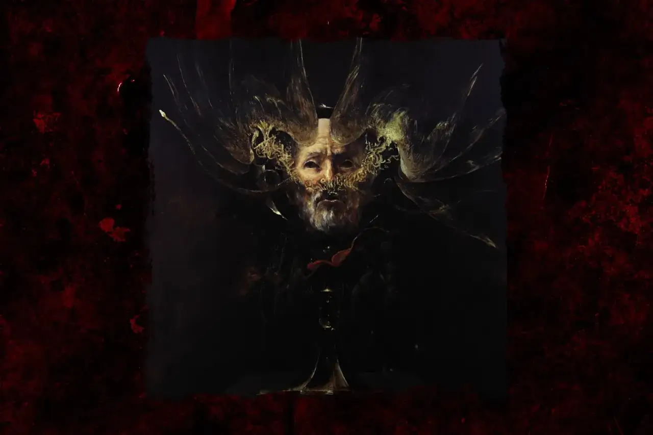 Mroczny portret starca z ozdobnymi, skrzydlatymi elementami wokół głowy. W tle kielich, sugerujący mroczne rytuały. Ora pro nobis lucifer.