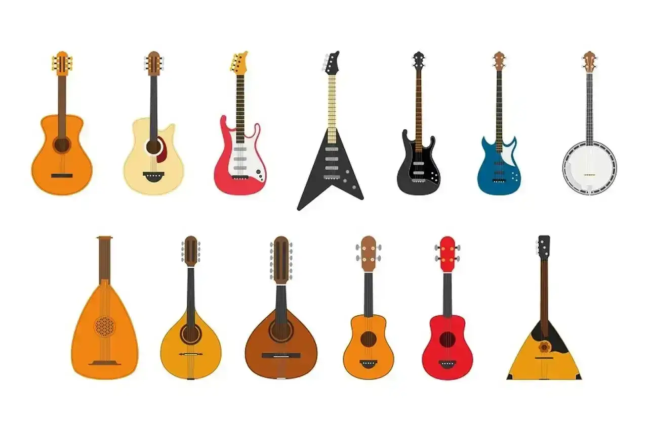 Kolekcja instrumentów strunowych, wiele z nich podobnych do gitary: akustyczne, elektryczne, basowe, banjo, lutnia, mandolina, balalajka.
